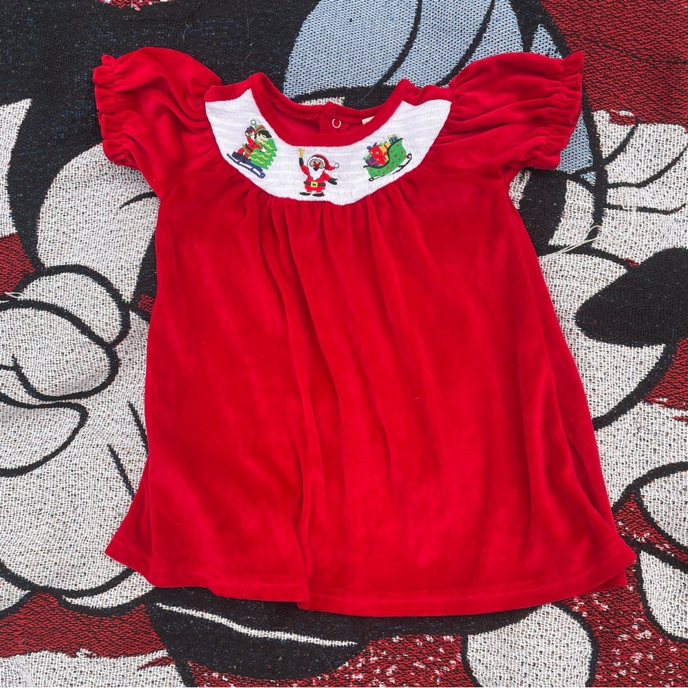 TOFFEE APPLE RED SMOCKED EMBROIDERED CHRISTMAS VELVET DRESS SIZE 24 MONTHS